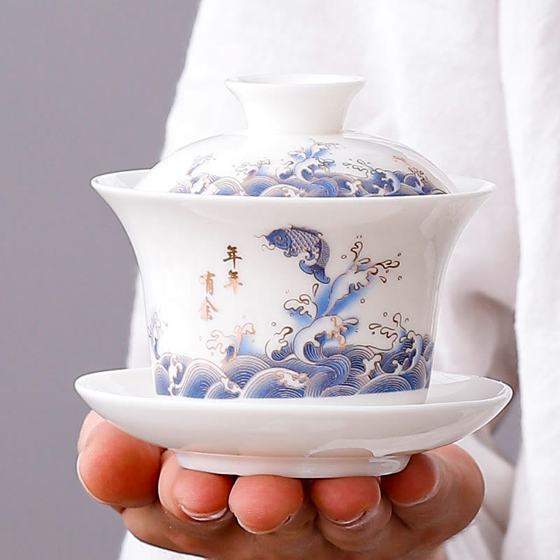 White Porcelain Mountain Landscape Countryside Ceramic Gaiwan Teacup Kung Fu Tea Cup And Saucer With Lid