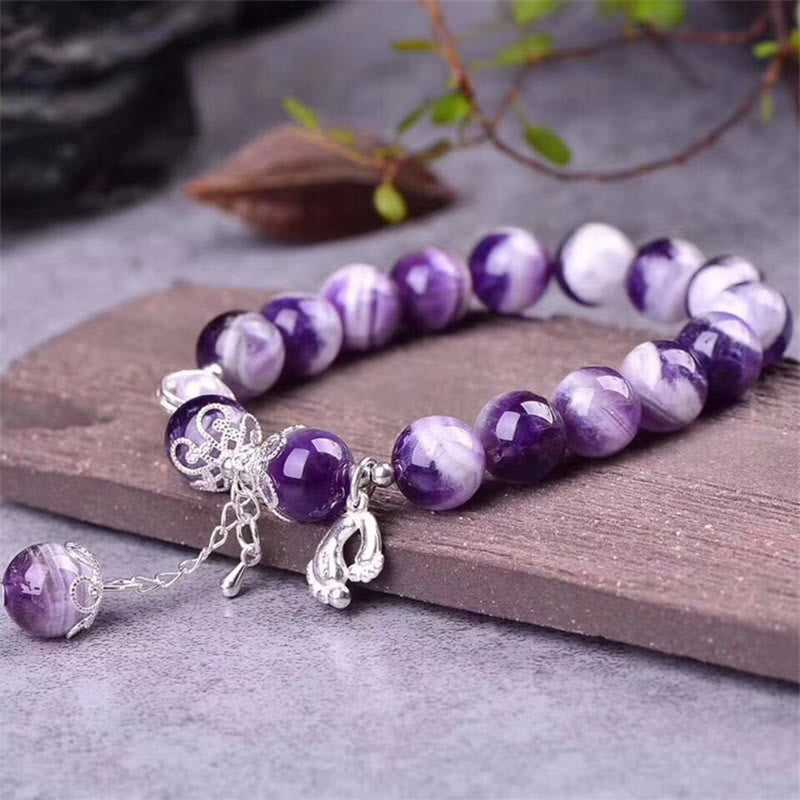 925 Sterling Silver Natural Amethyst Healing Feet Love Heart Charm Bracelet