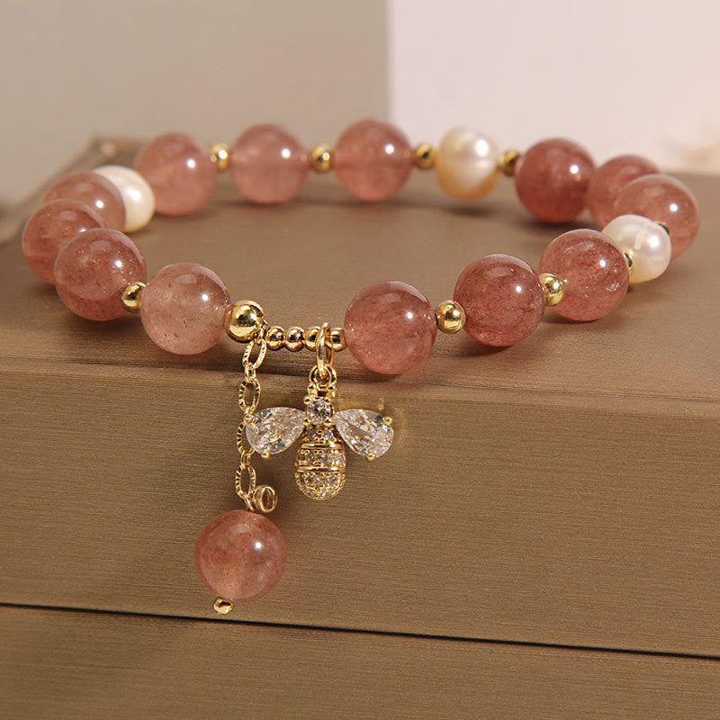 Strawberry Quartz and Pearl Beaded Bracelet with Zircon Honeybee Charm