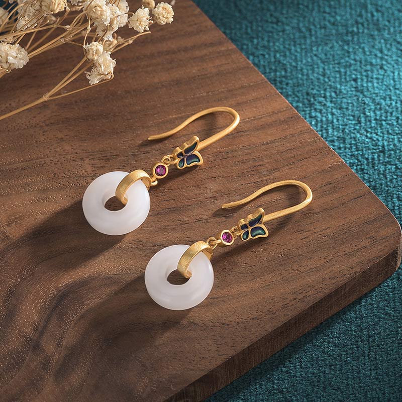 Handcrafted White Jade Butterfly Copper Dangle Earrings
