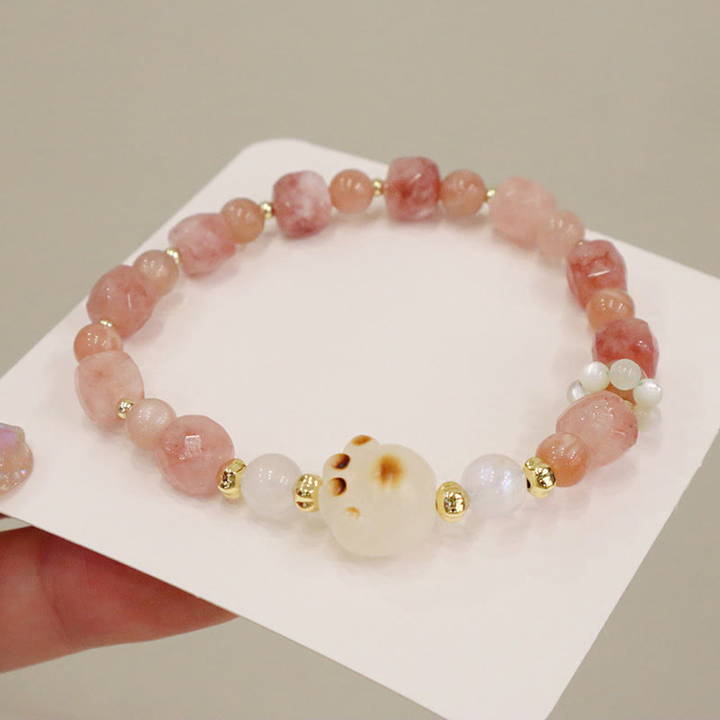 Natural Bodhi Seed and Cat's Eye Beaded Bracelet with Green Agate or Sunstone Cat Paw
