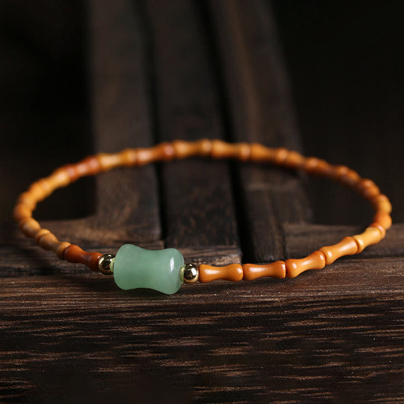 Natural Olive Pit Green Aventurine Bamboo Pattern Luck Bracelet
