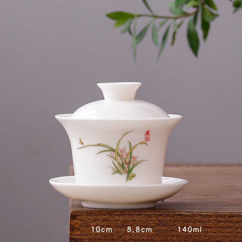 White Porcelain Mountain Landscape Countryside Ceramic Gaiwan Teacup Kung Fu Tea Cup And Saucer With Lid