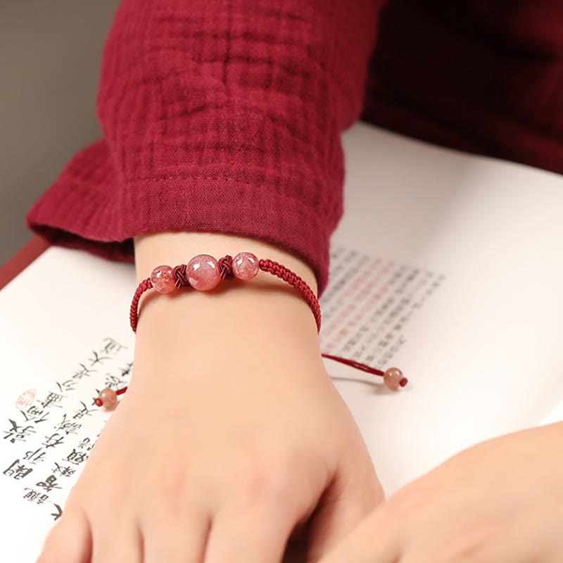 Natural Strawberry Quartz Woven Red String Adjustable Bracelet & Anklet
