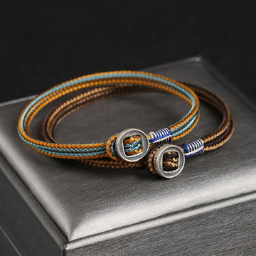 Handmade 925 Sterling Silver Button Weave Cord Bracelet for Men and Women
