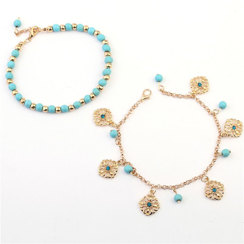 2Pcs Turquoise Flower Charm Bracelet and Anklet Set