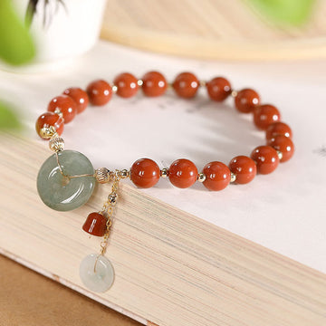 14k Gold Filled Jade & Red Agate Ping An Kou Wu Lou Chinese Coin Charm Bracelet