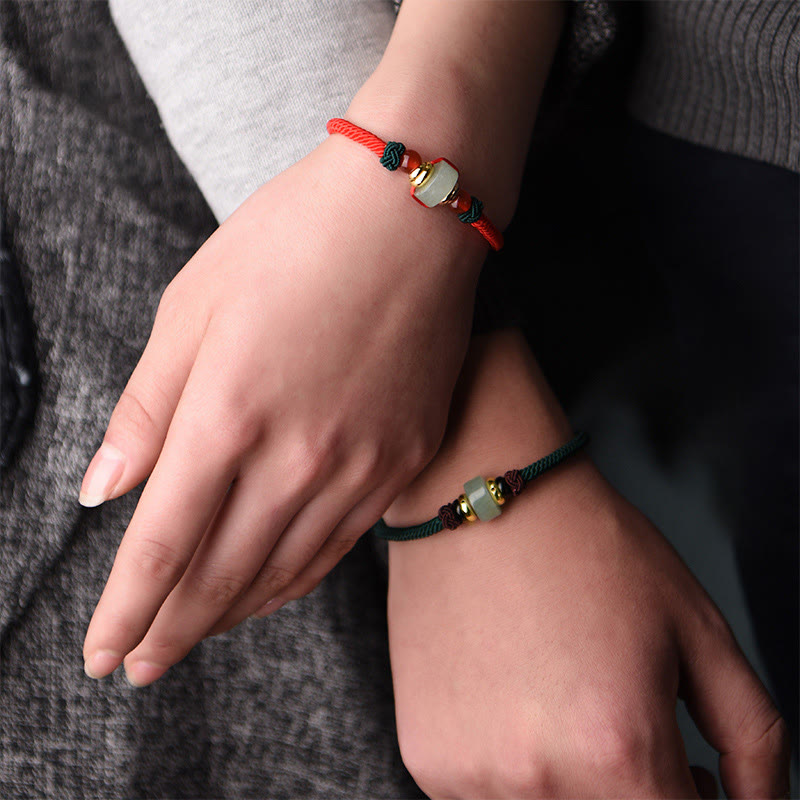 Handmade Tibetan Green Aventurine & Red Agate 14k Gold Red String Braided Bracelet