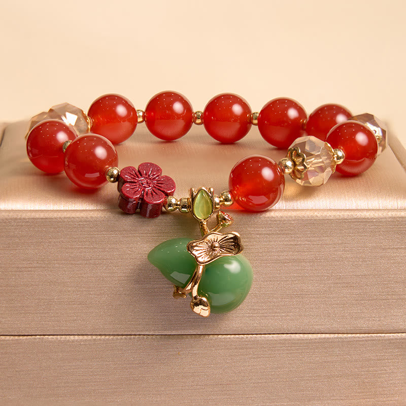 Natural Agate and Clear Quartz Beaded Bracelet with Cinnabar Flower and Wu Lou Gourd