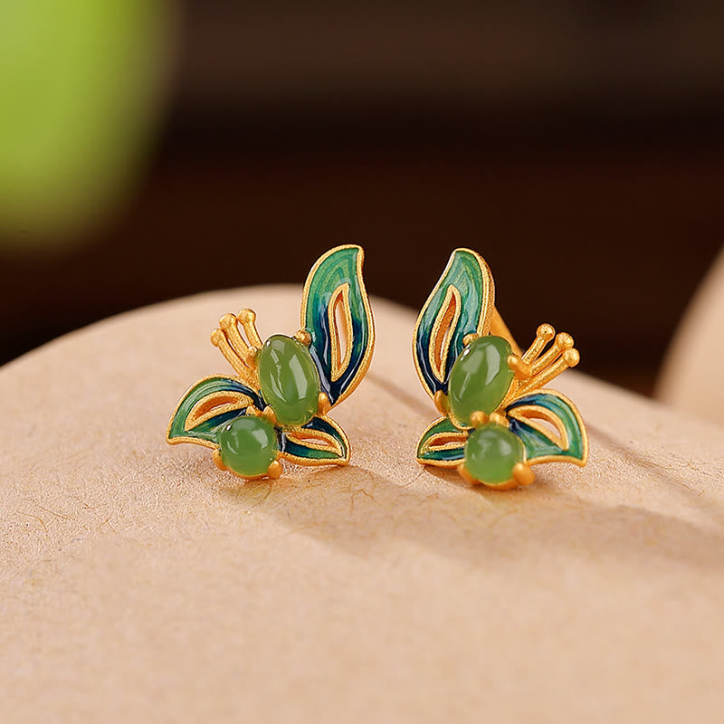 925 Sterling Silver Plated Gold Natural Cyan Jade Butterfly Luck Healing Earrings