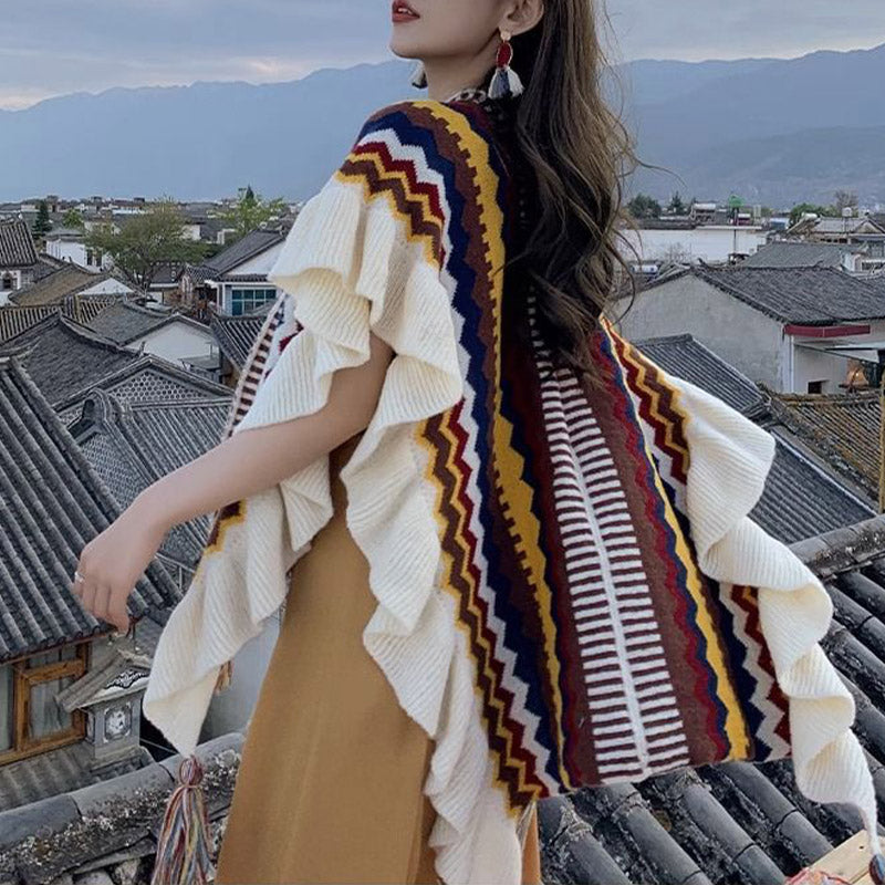 Tibetan Shawl Colorful Striped Wavy Line Tassels Winter Cozy Travel Scarf Wrap