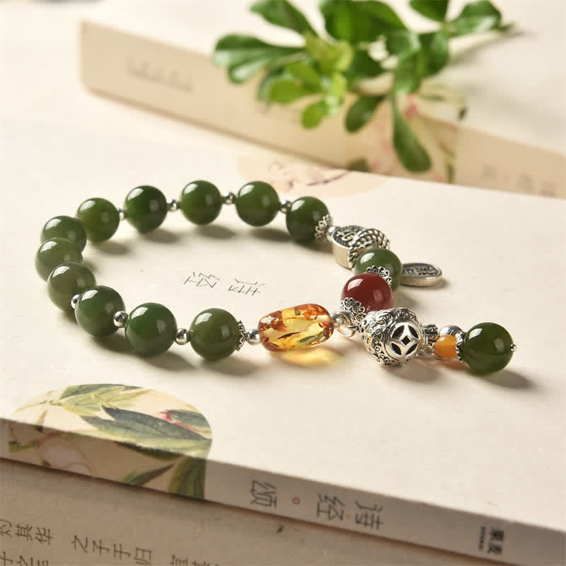 925 Sterling Silver Hetian Cyan Jade Gourd and Amber Harmony Bracelet