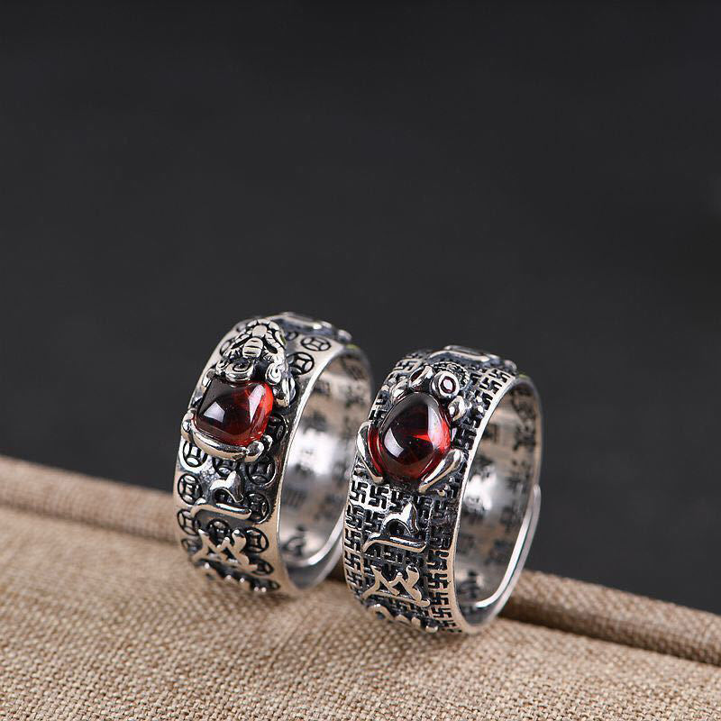 Garnet & Copper Heart Sutra Adjustable Ring with Pixiu, Money Frog or Vajra
