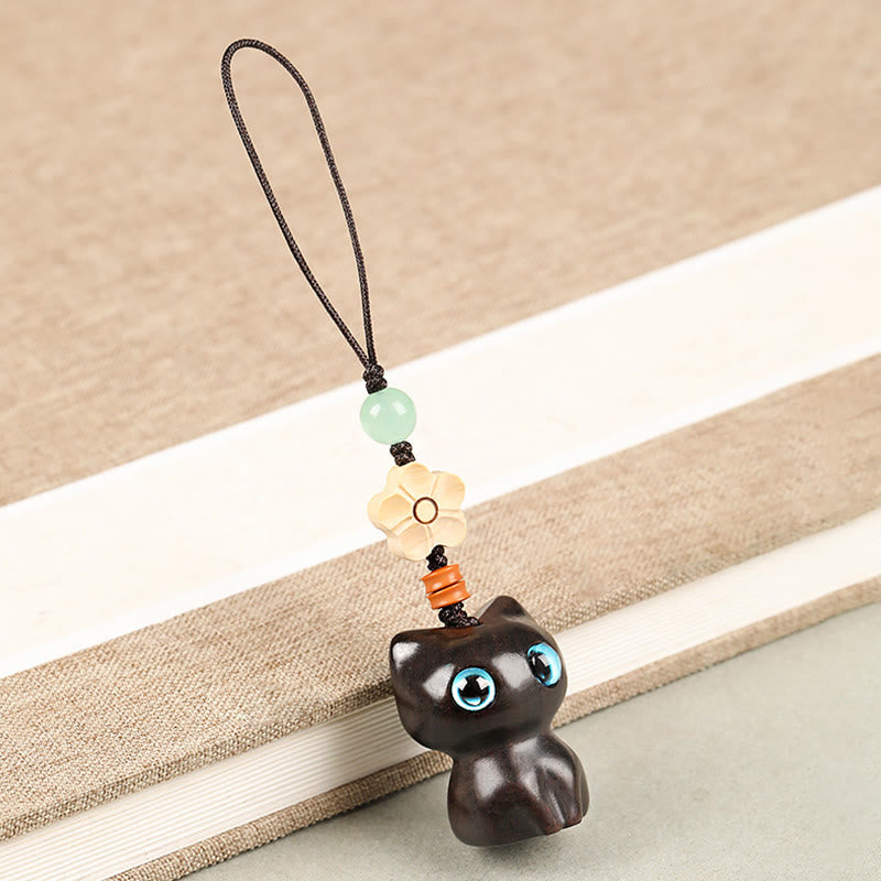 Hand-Carved Lucky Cat Wood Charm with Green Aventurine, Boxwood & Olive Wood Phone Keychain