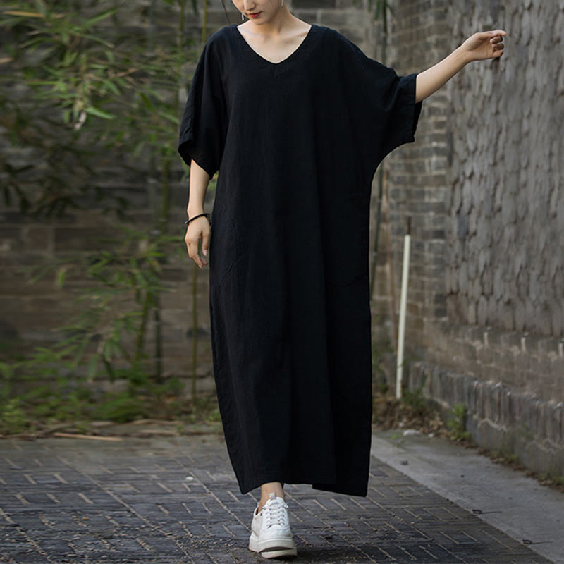 Solid Color V-Neck Half Sleeve Ramie Linen Midi Dress With Pockets