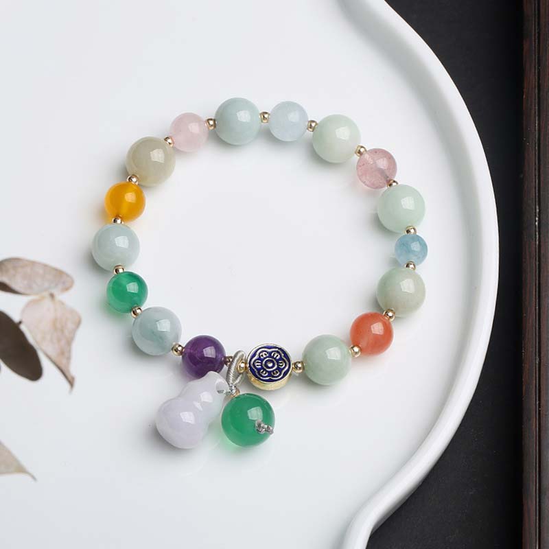 Multi-Gemstone Wu Lou Gourd 10mm Beaded Bracelet with Jade, Rose Quartz, Citrine & Amethyst