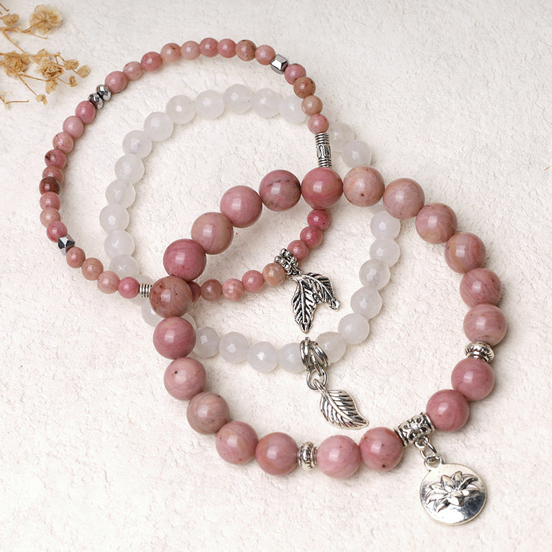 3PCS Natural Gemstone Beaded Lotus Charm Bracelet Set