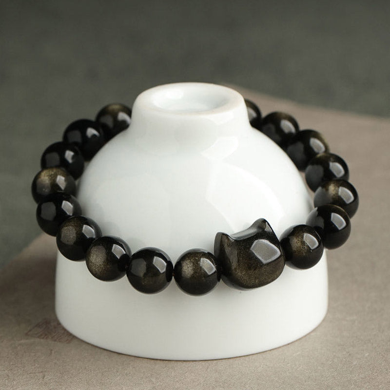 Handmade Gold & Silver Sheen Obsidian Feline Charm Beaded Bracelet