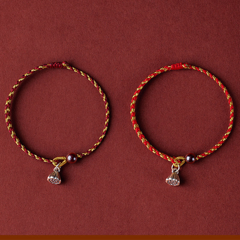 Handcrafted Red Gold Rope Lotus Peace And Joy Charm Braid Bracelet