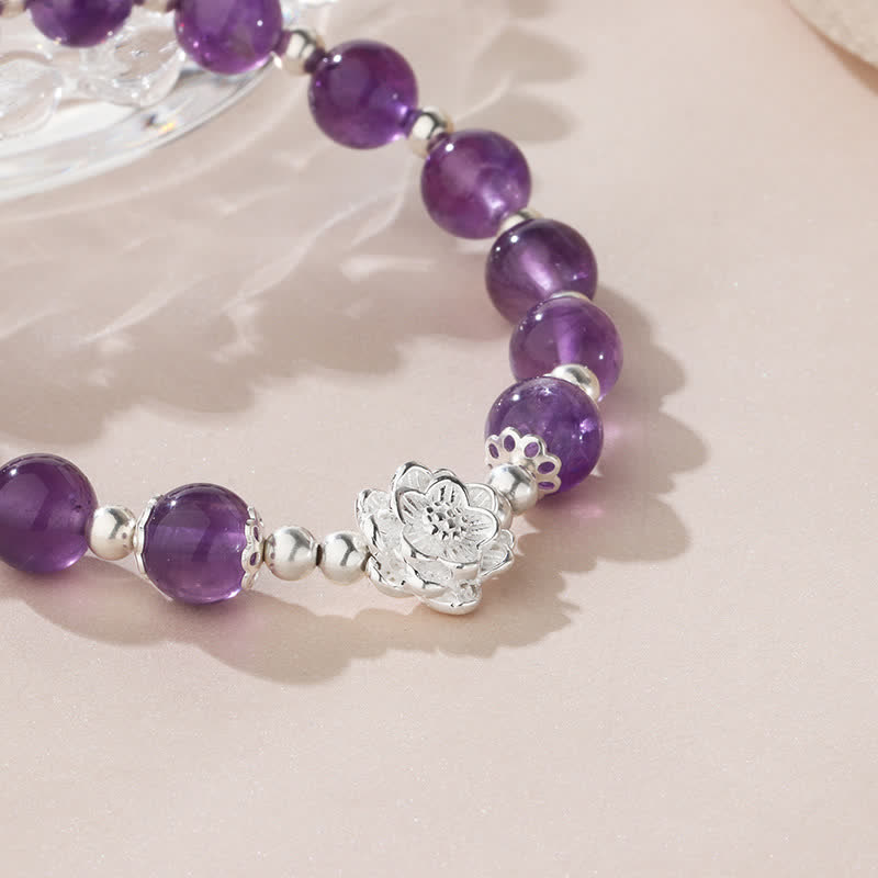 Natural Amethyst & 925 Sterling Silver Lotus Charm Handmade Stretch Bracelet