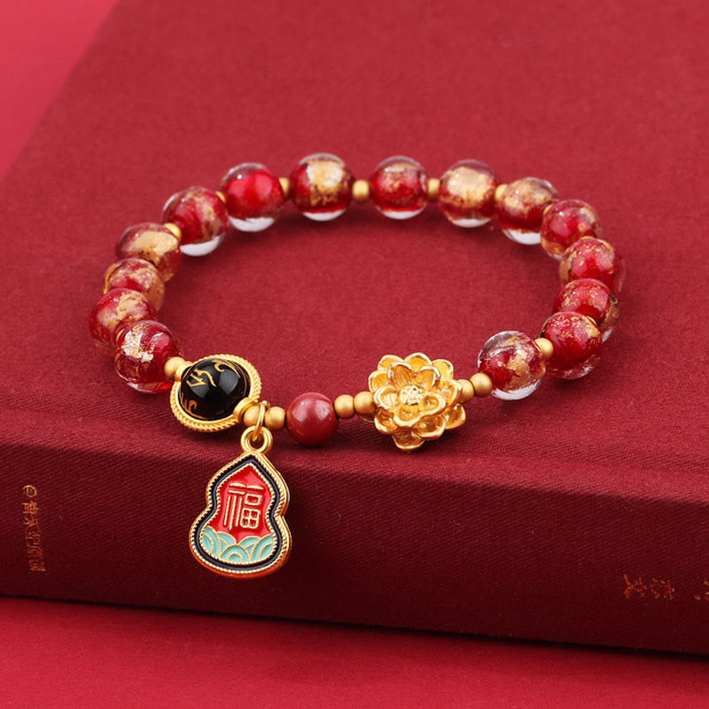 Tibetan Om Mani Padme Hum Lotus & Wu Lou Gourd Copper Charm Liuli Glass Beaded Bracelet