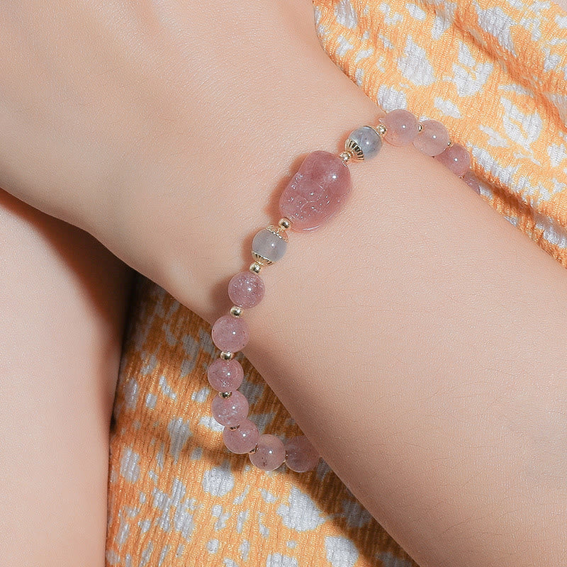 Moonstone Strawberry Quartz Tourmaline PiXiu Healing Bracelet