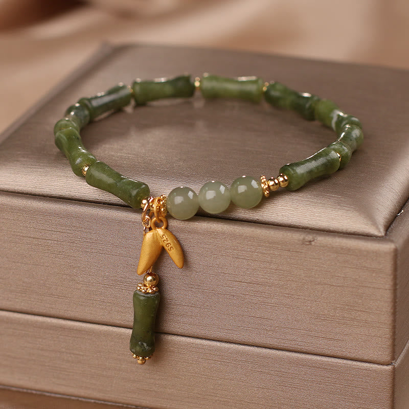 Green Bamboo Jade Leaf Pattern Wealth Luck Bracelet