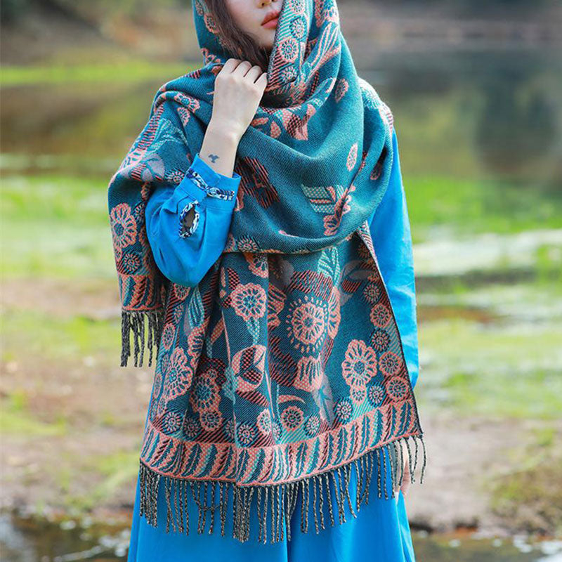 Tibetan Flower Floral Leaves Pattern Design Shawl Cozy Travel Scarf Wrap