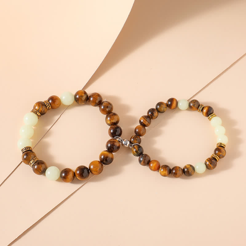 Luminous Tiger Eye and Glowstone Beaded Couple Bracelet Set