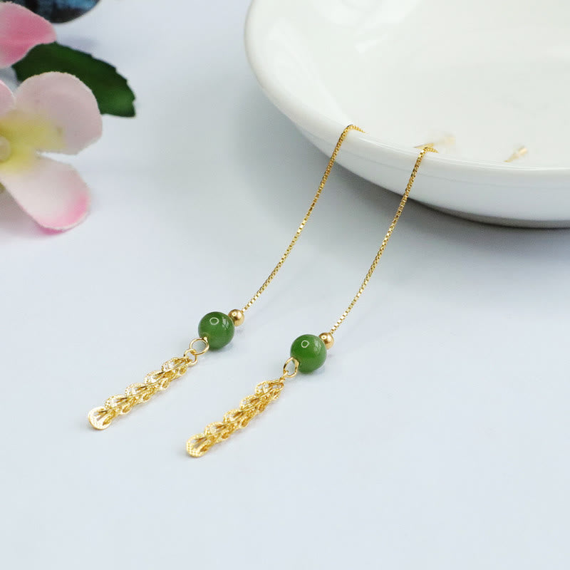 925 Sterling Silver Natural Hetian Cyan Jade Bead Luck Phoenix Tail Drop Earrings