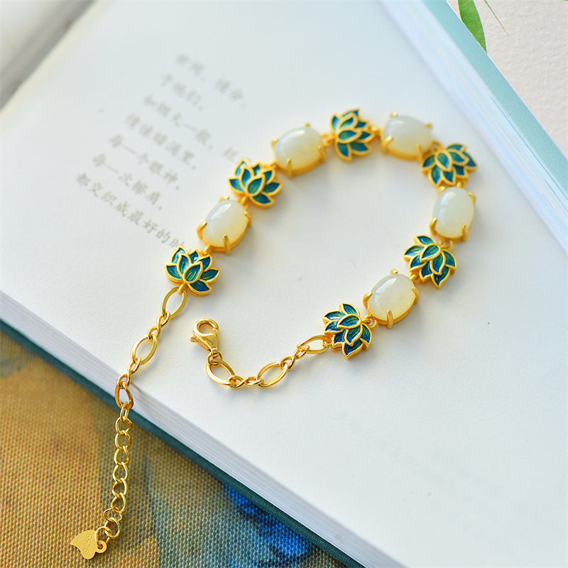 White Jade Cyan Jade Lotus Protection Bracelet