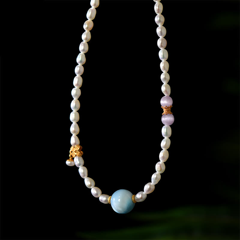 925 Sterling Silver Natural Pearl Larimar Sincerity Necklace Pendant