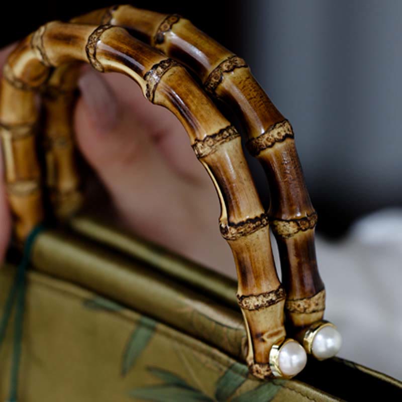 Yellow Green Bamboo Leaves Bamboo Handles Handbag