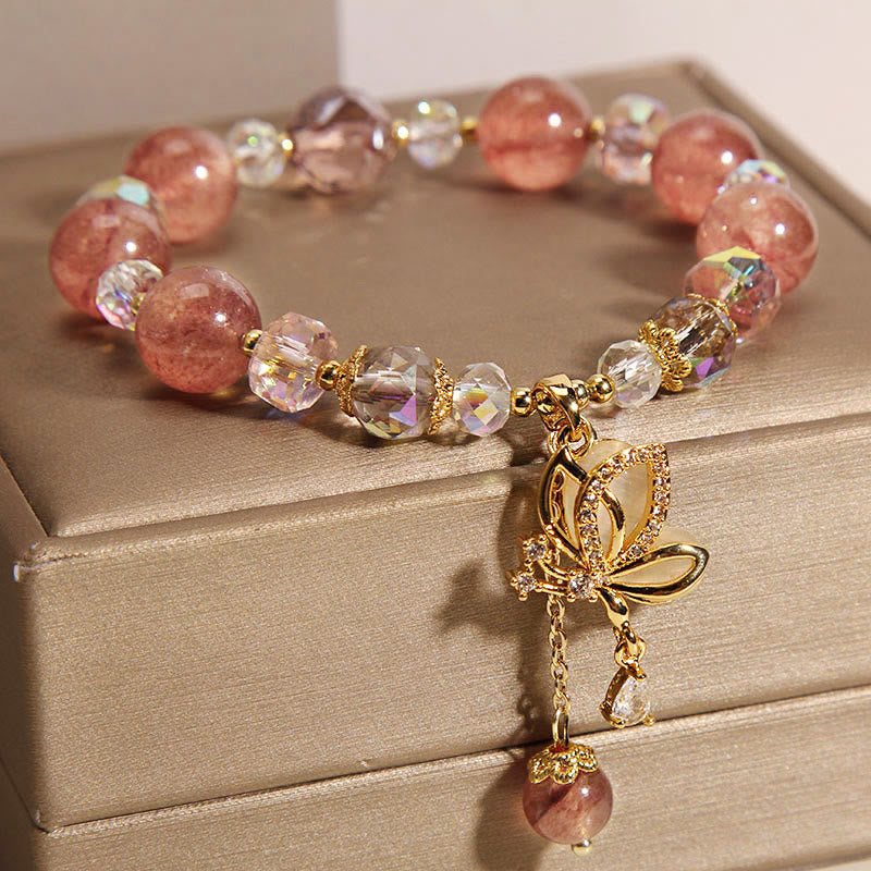 Natural Strawberry Quartz Healing Positive Butterfly Charm Bracelet