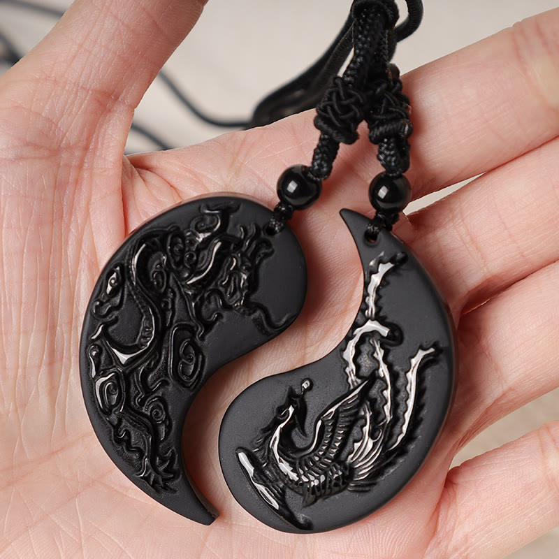 Black Obsidian Yin Yang Dragon Phoenix Luck Necklace Pendant