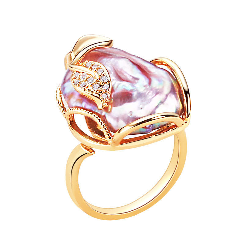 Pearl Copper Plated Gold Flower Happiness Wealth Ring