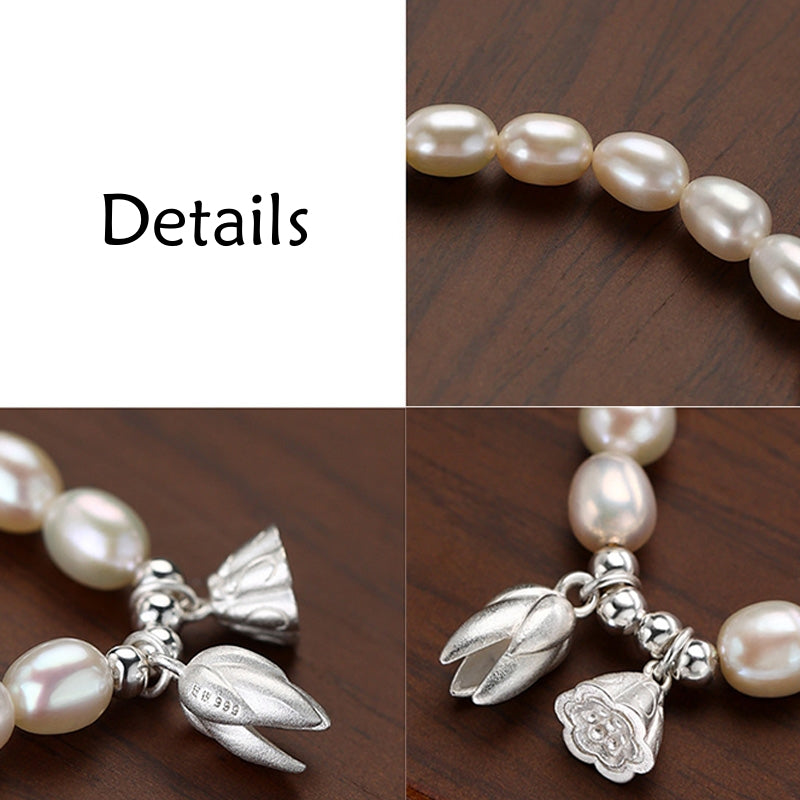 999 Sterling Silver Lotus Flower Pod & Natural Pearl Bracelet