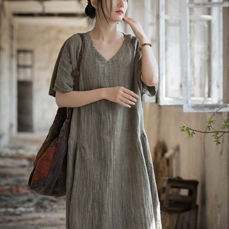 Handmade Tie Dye V-Neck Midi Dress Linen Short Sleeve Dress