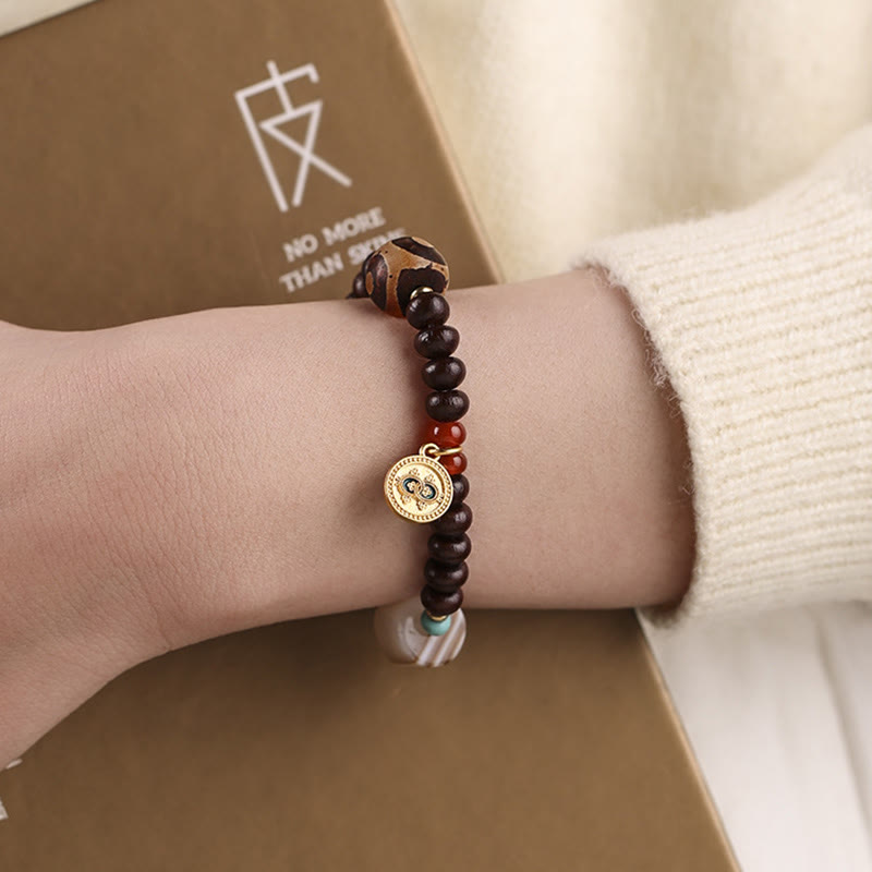Natural Tibet Purple Bodhi Seed Dzi Bead God of Wealth Wisdom Bracelet