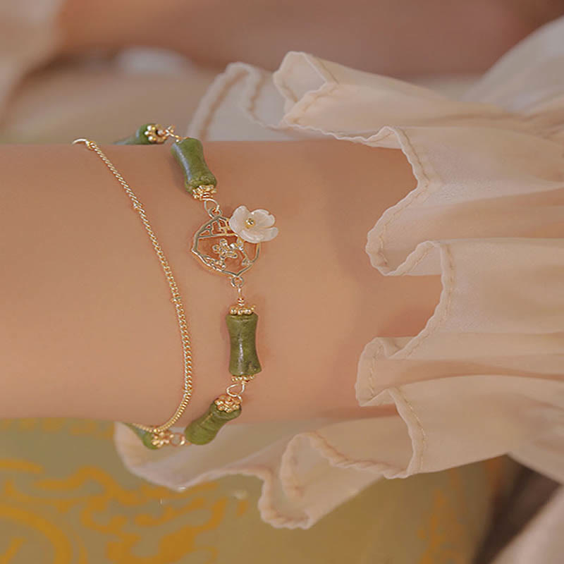 14k Gold Plated Peridot and Tridacna Bamboo Flower Double Layer Copper Bracelet