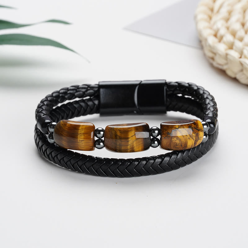 Natural Tiger Eye and Hematite Leather Bracelet with Magnetic Buckle