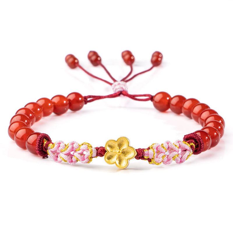 999 Sterling Silver Natural Red Agate Pink Crystal Cherry blossom Bracelet