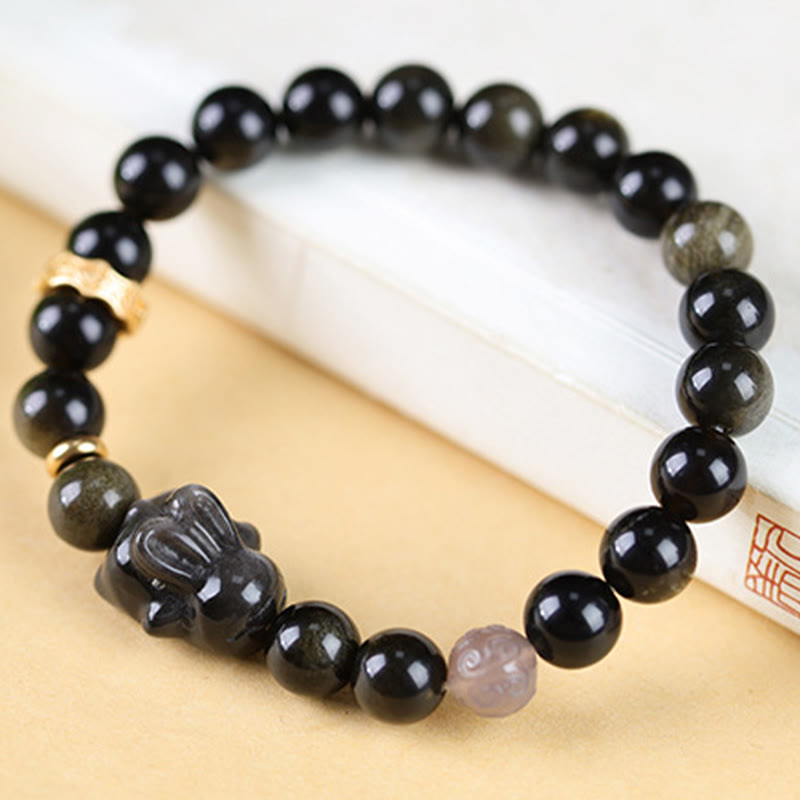 Gold Sheen Obsidian Black Obsidian Silver Sheen Obsidian Cute Rabbit Protection Bracelet