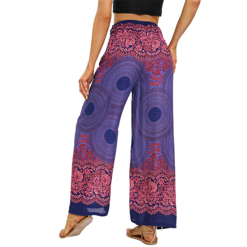 Bohemian Compass Flower Print Lace-up Wide Leg Pants Women's Yoga Pants