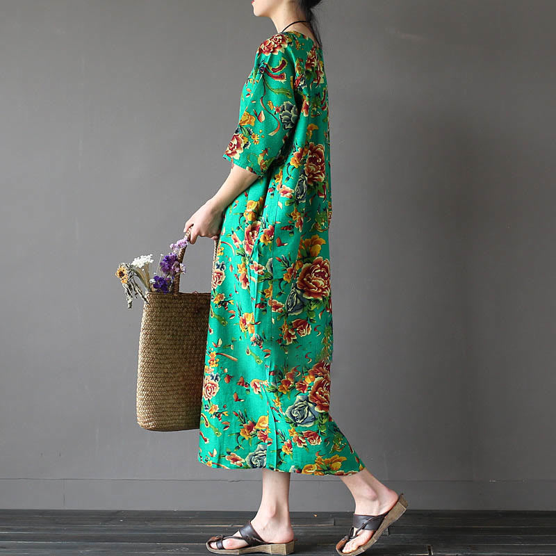 Red Peony Flowers Printed Midi Dress Half Sleeve Cotton Linen Dress