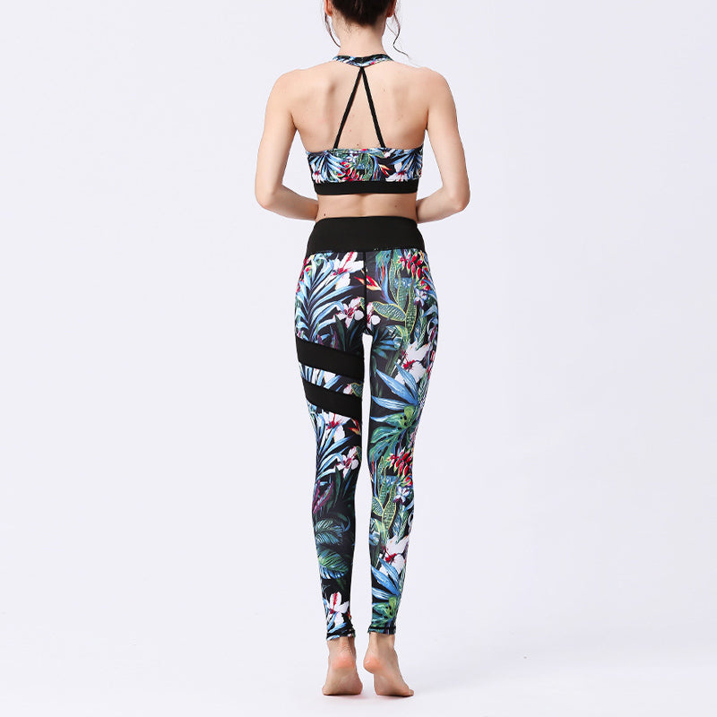 2Pcs Sunflower Flowers Leaves Print Top Pants Sports Fitness Yoga Women's Yoga Sets
