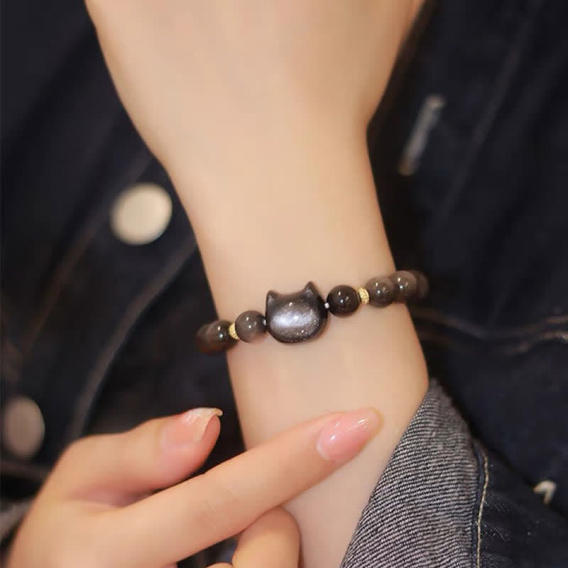 Handmade Gold & Silver Sheen Obsidian Feline Charm Beaded Bracelet