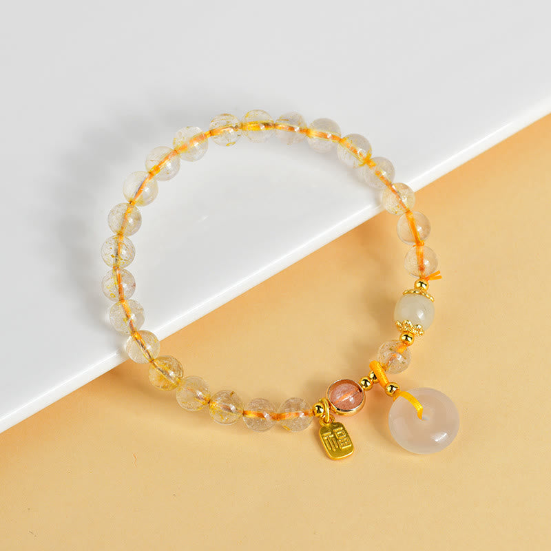 Natural Golden Rutilated Quartz Fu Character Peace Buckle Charm Wealth Bracelet