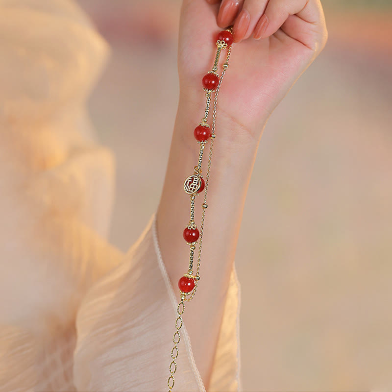 Red Agate and Copper Fu Character Charm Bracelet for Self-Acceptance