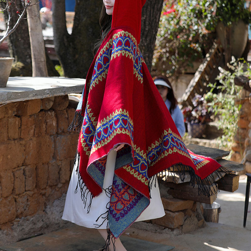 Tibetan Shawl Red Love Heart Tassel Hooded Cloak Winter Cozy Travel Scarf Wrap